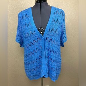 Vintage Crochet open cardigan in pretty blue with chevron pattern short sleeves